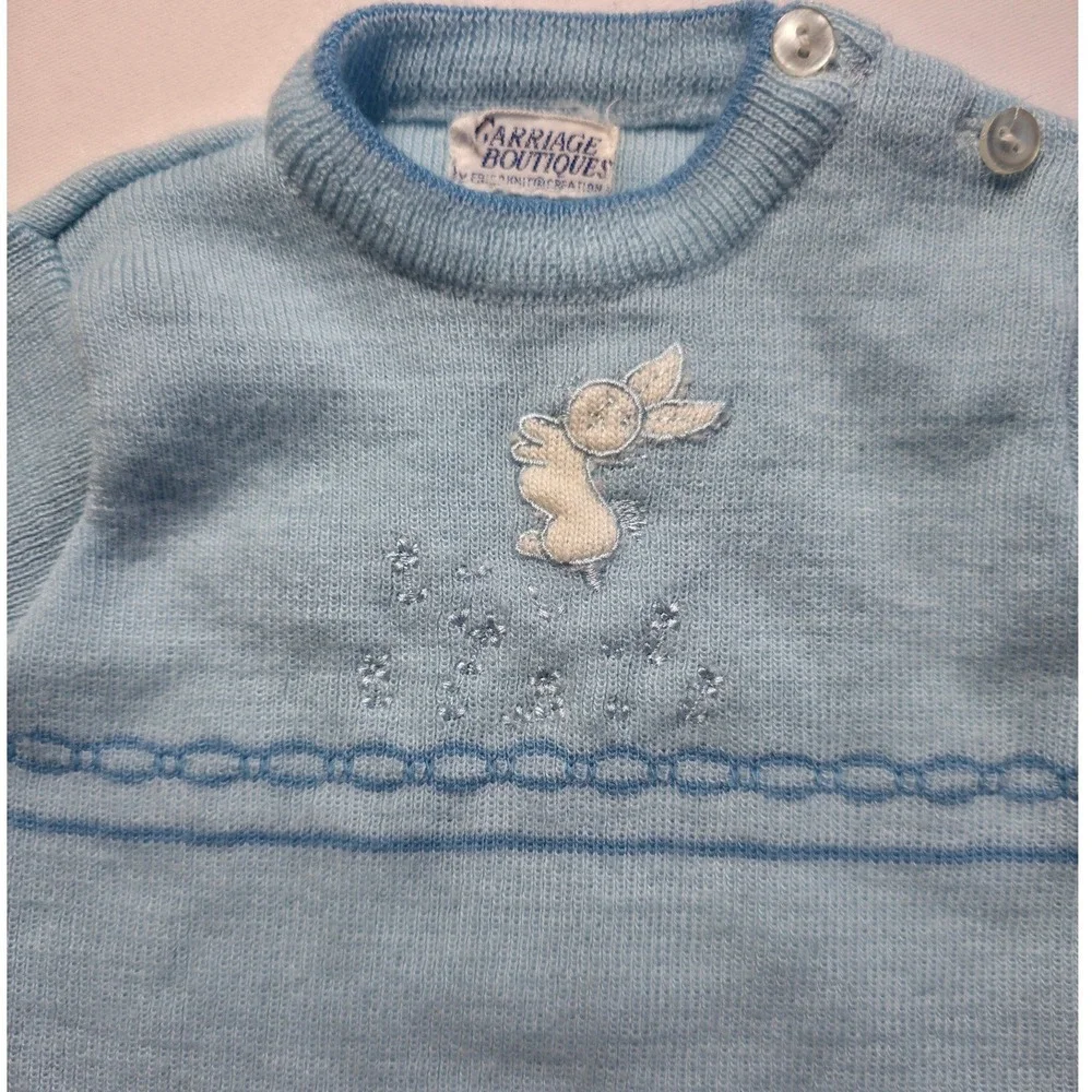 Vintage Carriage Boutiques Baby Boy Knit Romper Blue Bunny Newborn Heirloom